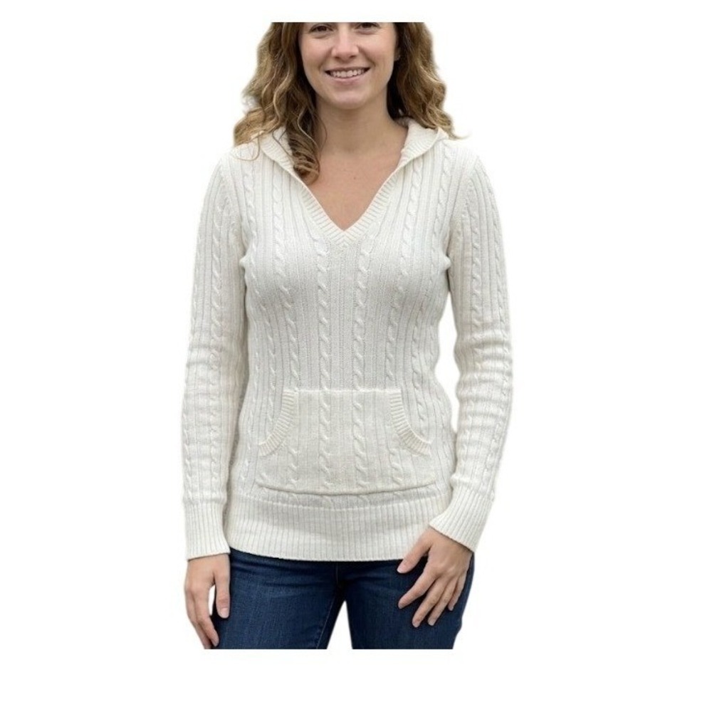 Vintage Merona Hooded Cable Knit Sweater White Cotton Long Sleeve Kanga Pocket X